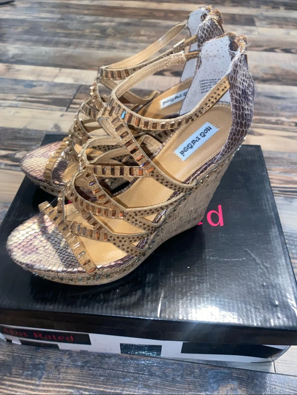 Not Rated Gold Snake-Print Strappy Wedge Sandals
